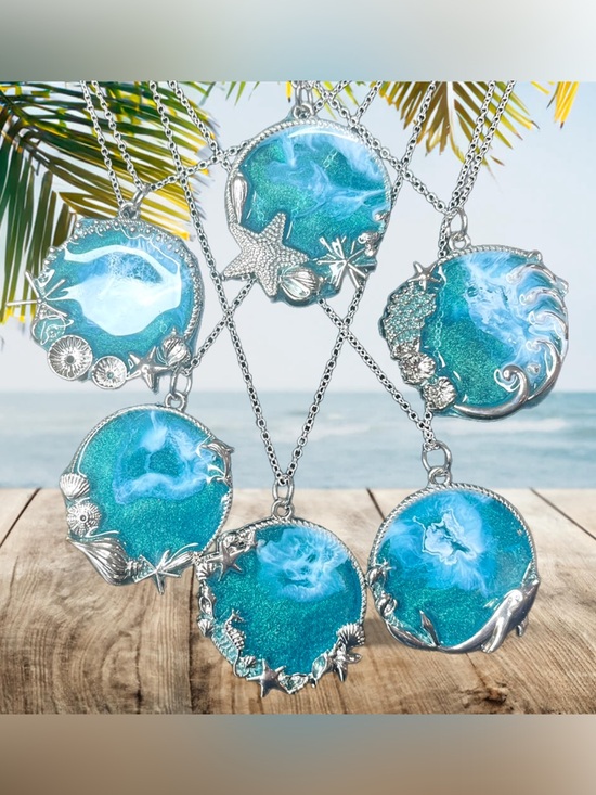 Jewelry - Ocean Blue Resin Pendant Necklace - Sea Life Accents